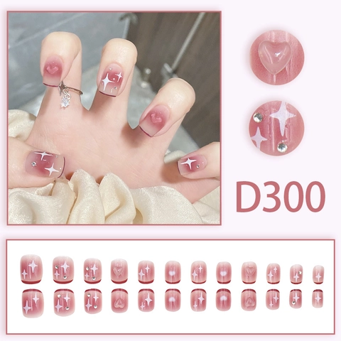 Blush Pink Gradient Press On Nails With Heart Star Rhinestone Square Round Fake Finger Nails Sweet Cute For Women