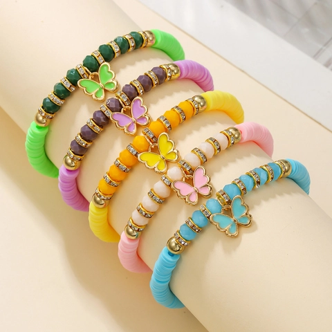 Bracelets Colorés En Argile Polymère Fruits Style Bohème Perles Heishi Élastiques Bijoux Pour Femmes Breloques Papillon