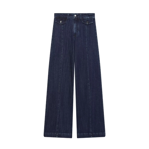 Women High Waisted Wide Leg Jeans Denim Pants With Front Flap Pockets And Vertical Seam Detail Retro Straight Trousers