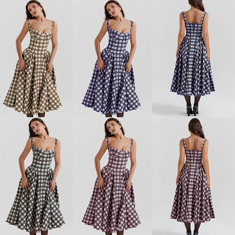 Franse Vintage Midi Jurk Spaghettibandjes Corset Lijfje Polyester A-Lijn Uitlopende Rok Zakken Retro Cottagecore Vrouwen