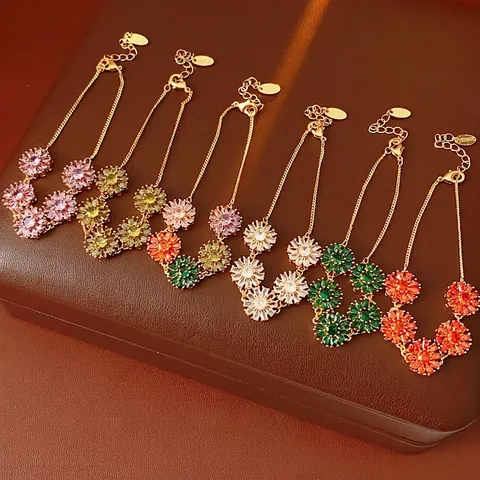Bracelet Fleur Cuivre Plaqué Or Zircone Marguerite Ajustable Délicat Élégant Bijoux De Mode Pour Femmes