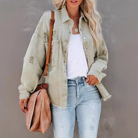 Dames Distressed Denim Jas Lange Mouwen Gerafelde Zoom Knoopsluiting Losse Bovenkleding Shacket Met Zakken Streetwear