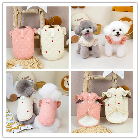 Quilted Pet Vest Heart Embroidery Warm Dog Cat Clothes Ruffle Sleeves Double D-Ring Pink Beige Fleece Lined Soft Jacket