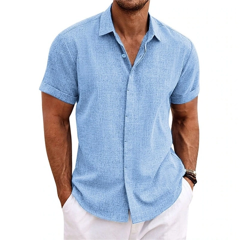 Camicia da Uomo Casual in Misto Cotone Texture Lino Manica Corta Revers Tinta Unita Business Smart Casual Traspirante Top Estivo