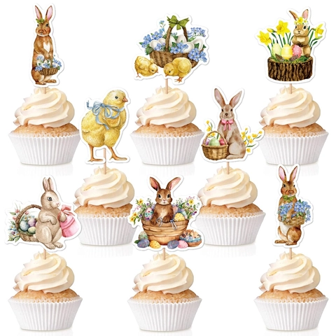 Aquarell Ostern Cupcake Topper Karton Papier Hase Küken Ei Blume DIY Feiertag Party Kuchen Deko Zubehör