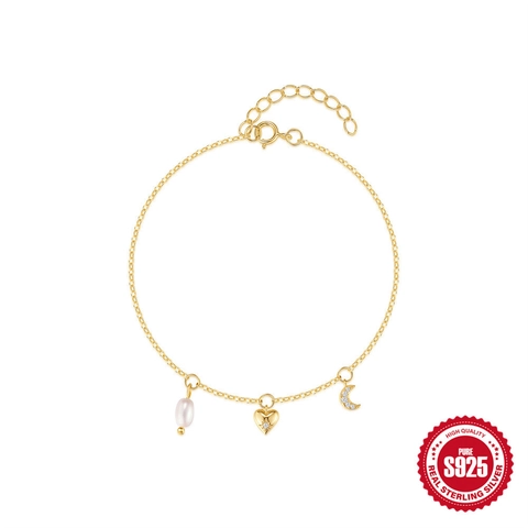 Bracciale Con Ciondolo Cuore E Luna in Argento Sterling S925 Per Donna Con Perla Artificiale E Zirconia Gioielli Minimalisti