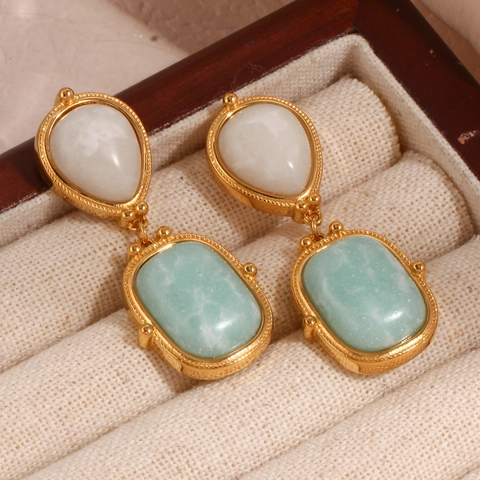Vintage French Stainless Steel 18K Gold Plated Amazonite Geometric Splicing Dangle Drop Earrings For Women Jewelry Gift