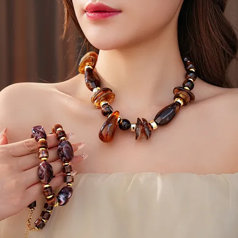 Retro Beaded Necklace Acrylic Resin Marble Texture Vintage Maillard Style Teardrop Pendant Chunky Jewelry For Women