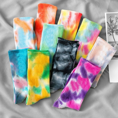 Tie Dye Crew Socks Cotton Blend Ribbed Mid Calf Gradient Streetwear Fashion Unisex Breathable Retro