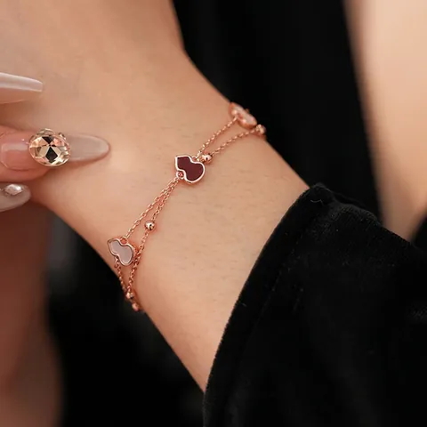 Bracciale A Doppio Strato Placcato Oro Rosa Rame Zucca Conchiglia Smalto Rosso Ciondoli Donna Moda Vintage Elegante Gioielli
