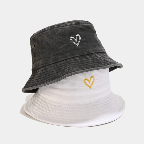 Cappello Da Pescatore In Cotone Lavato Ricamo Cuore Retro Vintage Pieghevole Protezione Solare Traspirante Per Unisex