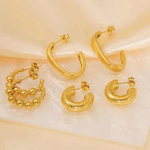 Minimalist Geometric Hoop Earrings 18K Gold Plated Stainless Steel Textured Ribbed Beaded C-Shape Jewelry For Women