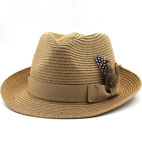 Cappello Fedora In Paglia Retrò Con Rifiniture In Nastro E Decorazione In Piume Protezione Solare Stile Casual Per Uomini Donne