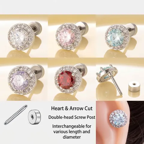Round Cubic Zirconia Stud Earrings Titanium Steel Screw Back Sparkly Halo Cartilage Ear Piercing Jewelry For Women