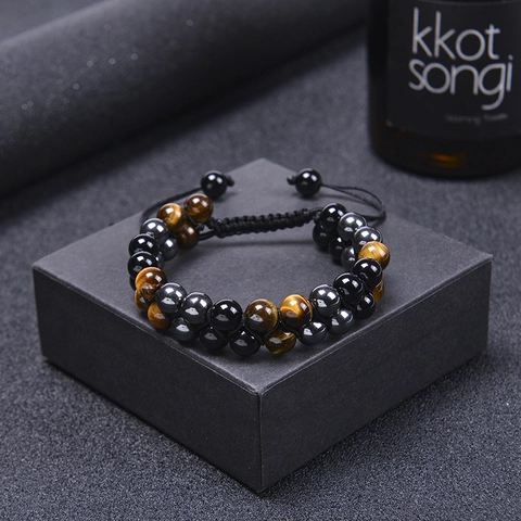 Bracelet en Perles d'Oeil de Tigre Hématite Obsidienne Agate Naturelle pour Hommes Femmes Bracelet de Yoga Ajustable en Pierre Tissé à la Main