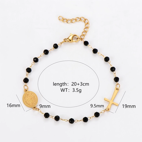 Pulsera De Rosario Acero Inoxidable 304 Cuentas Facetadas Negras Colgante De Cruz Y Medalla Joyería Religiosa Para Mujeres
