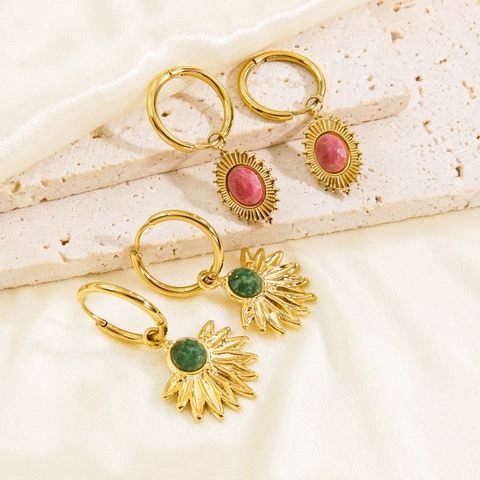 Boho Vintage Sonnenstrahl Ohrringe Edelstahl 14K Vergoldet Naturstein Geometrische Hängeohrringe Modeschmuck Damen