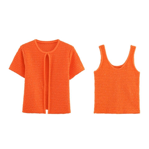Damen Casual Strick Cardigan Und Cami Top Zweiteiliges Set Metallisch Garn Pailletten Kurzarm Pullover Oberbekleidung