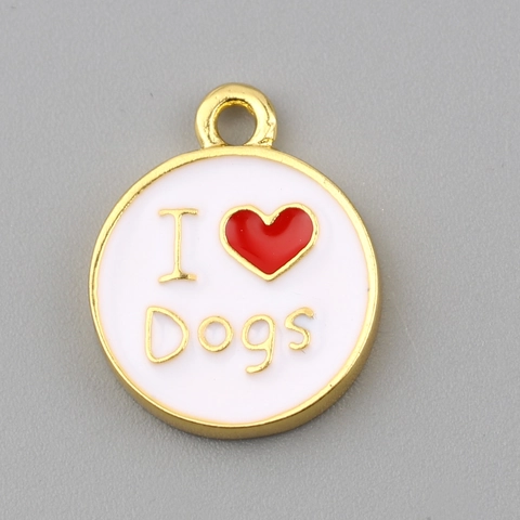 Ciondolo Commemorativo Per Animali Domestici Rotondo I Love Dogs Lega Di Zinco Smalto Bianco Cuore Rosso Gioielli