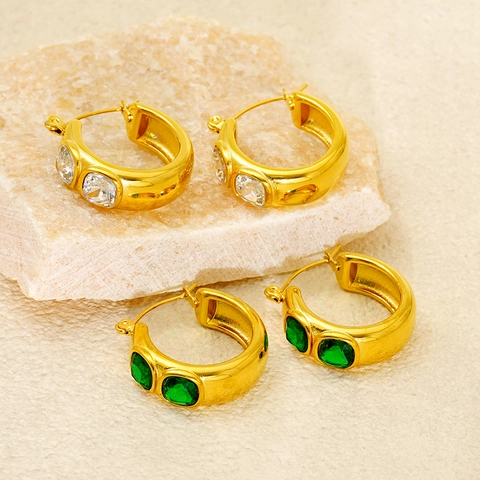 Chunky Hoop Earrings 18K Gold Plated Stainless Steel Square Zircon Inlaid Vintage Niche Style High End Jewelry For Women