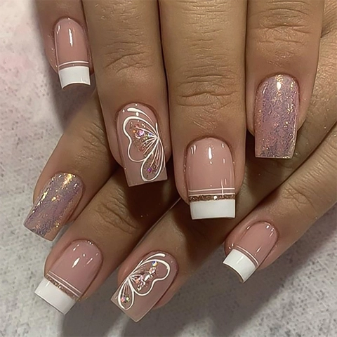 French White Tip Press On Nails Square Medium Short Butterfly Pattern Glitter False Nails Elegant Artificial Fingernails