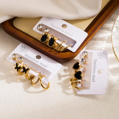 Stainless Steel Earrings Black Enamel Heart Butterfly Hamsa Hand Gold Plated Zircon Studs Hoops Sweet Cool Retro Niche Women