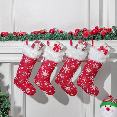 Christmas Stocking Large Polyester Plush Snowflake Embroidery Hanging Ornament Fireplace Decoration Festive Party Gift Bag