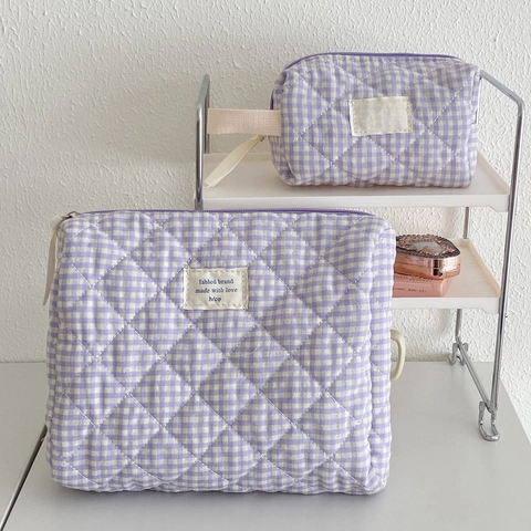 Trousse De Maquillage En Coton Matelassé À Carreaux Grande Capacité Pochette De Rangement Style Coréen Organisateur Souple