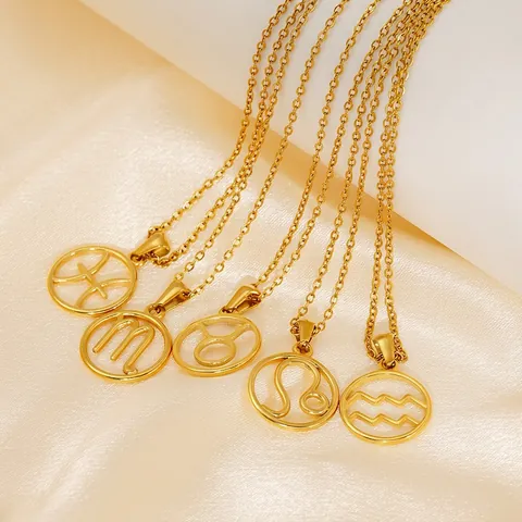 Collier Pendentif Zodiaque Constellation Acier Inoxydable Plaqué Or 18K Rond Évidé Bijoux Astrologie Femmes