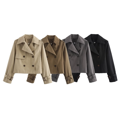 Women Short Trench Coat Double Breasted Cropped Jacket Lapel Long Sleeve Solid Color Casual Lightweight Outerwear