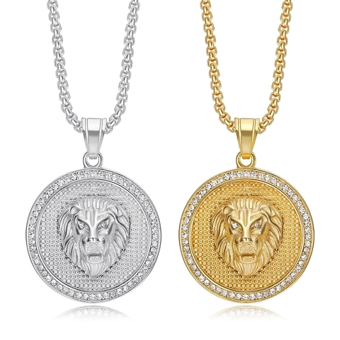 Lion Head Pendant Necklace Stainless Steel Rhinestone Iced Out Hip Hop Punk Jewelry Round Gold Silver Color