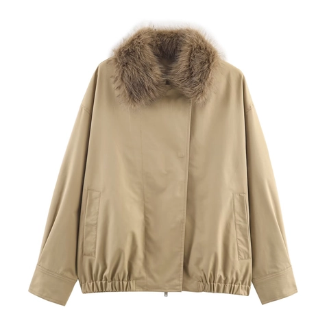 Damen Bomberjacke Mit Kunstpelzkragen Khaki Reißverschluss Elastischer Saum Lässige Mode Winterjacke Für Damen