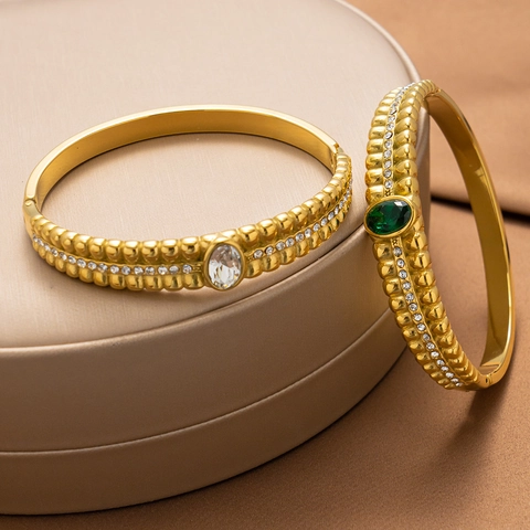 Retro Europees Amerikaans Hol Roestvrij Staal Armring Voor Vrouwen Verguld Ovaal Groen Wit Strass Ingelegde Sieraden
