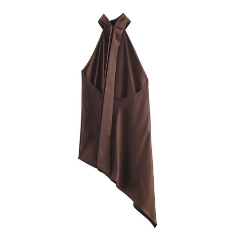Women Halter Tank Top Asymmetric Long Hem Satiny Polyester Sleeveless Slim Fit Streetwear Solid Brown Party Cami Top