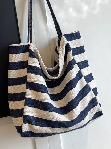 Large Capacity Canvas Tote Bag Striped Minimalist Casual Shoulder Handbag For Women Shopping Travel Korean Style