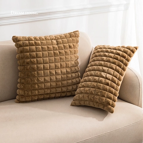 Plaid Texture Pillow Cover Faux Rabbit Fur Plush Soft 3D Grid Pattern Decorative Cushion Case For Sofa Bed Living Room