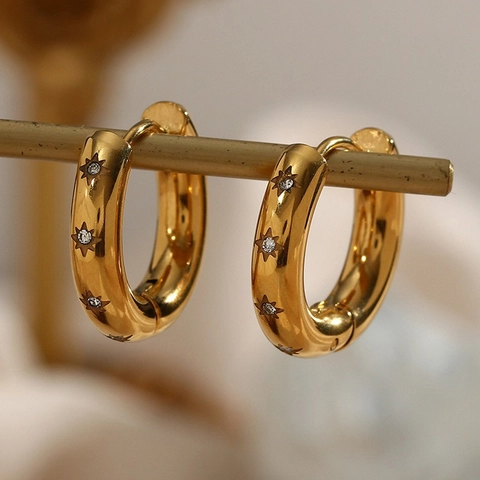 Stainless Steel Hoop Earrings For Women With Star Engraved Zircon Inlaid Gold Plated Huggie Earrings Niche Style