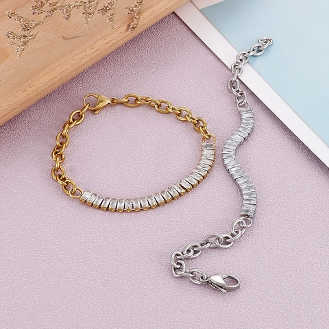 Elegante Bracciale in Acciaio Inossidabile con Zirconia per Donna Oro Argento Pietra Rettangolare Tennis Gioielli Moda
