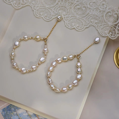 Baroque Artificial Pearl Bracelet For Women 14K Gold Plated Copper With Adjustable Chain French Retro Style Jewelry Gift