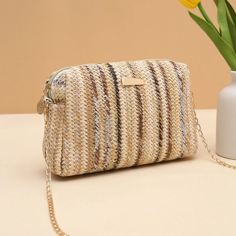 Colorful Rainbow Striped Woven Straw Crossbody Bag With Gold Chain Strap Fashion Square Shoulder Bag For Women