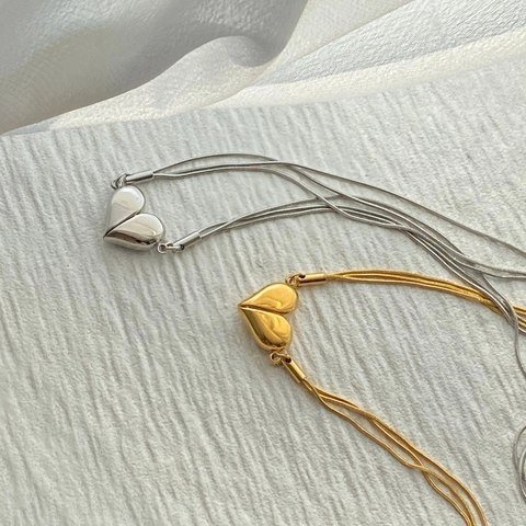 Edelstahl Herz Anhänger Halskette Doppellagige Schlangenkette Spiegelpoliert Minimalistischer Eleganter Schmuck Damen