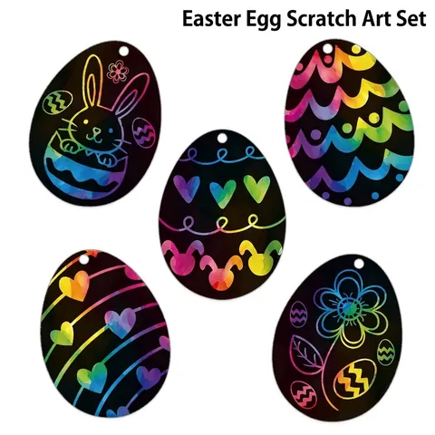 Ostern Scratch Art Ei Set Regenbogen DIY Papier Handwerk Mit Bambus Griffel Und Bändern Für Kinder Party Dekoration