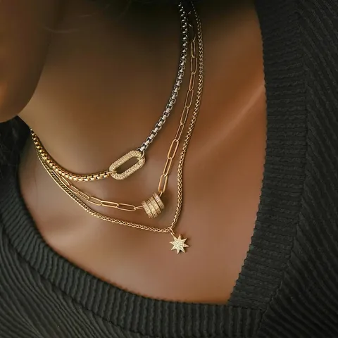 Stainless Steel 18K Gold Plated Brass Zircon Necklace Two-tone Retro Layered Choker Star Oval Pendant For Women