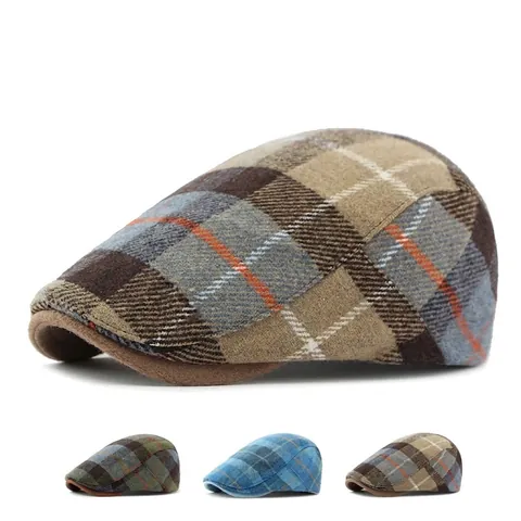 Vintage Plaid Newsboy Cap British Retro Woolen Flat Cap Warm Winter Ivy Hat For Men Women Classic Checkered Artist Beret