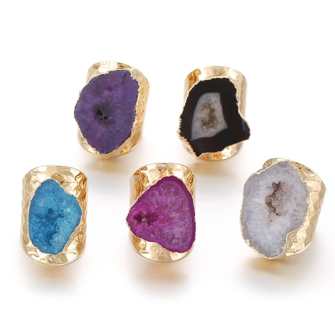 Natural Geode Agate Druzy Crystal Ring Hammered Gold Plated Adjustable Open Bohemian Irregular Statement Jewelry