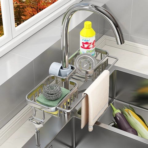 Kitchen Faucet Storage Rack Stainless Steel Aluminum Adjustable Sink Drainer Shelf With Hook Towel Bar Organizer