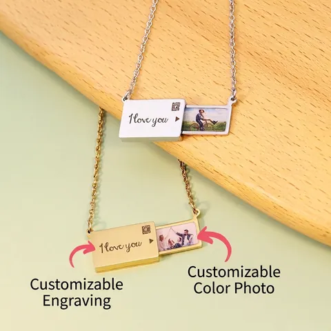 Envelope Photo Locket Necklace Stainless Steel Sliding Pull Out I Love You Engraved Memorial Pendant Jewelry Women Men