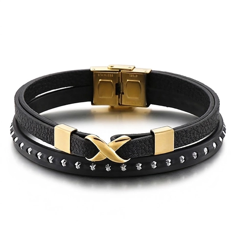 Pulsera De Cuero Multicapa Para Hombre Acero Inoxidable 316L Trenzada Punk Rock Infinito Cruz Remache Joyería