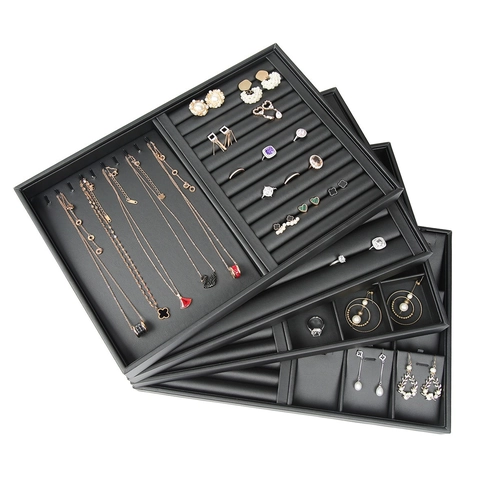 Black PU Leather Jewelry Display Tray Litchi Pattern Counter Organizer For Rings Necklaces Earrings Pendants Jewelry Storage