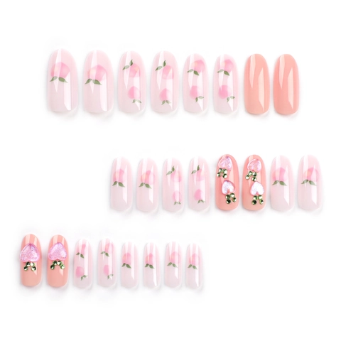 Unghie Finte Press On Rosa Gelatina Pesca Cuore 3D Strass Dolce Fresco Lucido Per Donne
